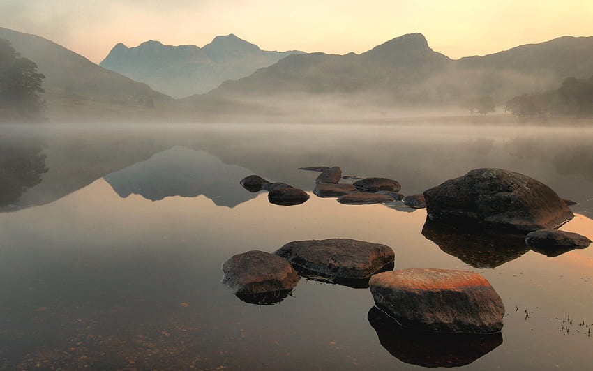Blea Tarn Reservoir, mist, hills, UK, reflection, calm, rocks, lake HD wallpaper