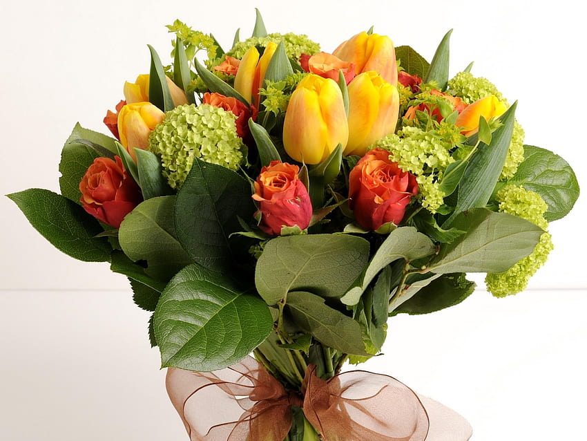 Flowers, Roses, Tulips, Bouquet, Bow, Hydrangeas HD wallpaper
