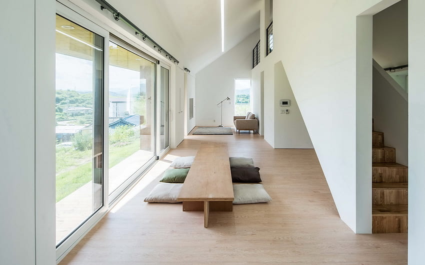 interior design moderno, casa di campagna, stile minimalista, minimale, cuscini vicino al tavolo, tavolo basso nella sala da pranzo Sfondo HD
