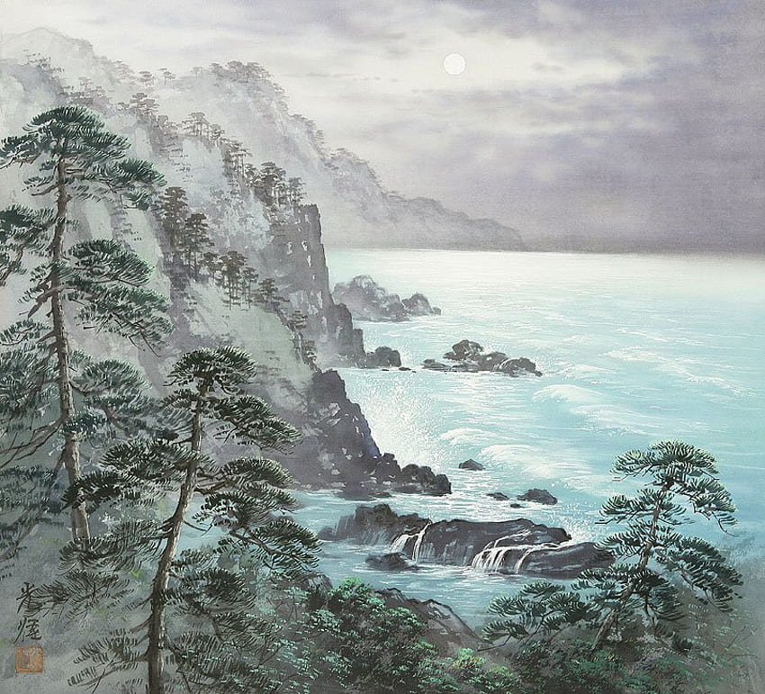 Ando Hiroshige art, bleu, mer, art, ando hiroshige, aquarelle, oriental, porcelaine, arbre, peinture, vert, ciel, eau Fond d'écran HD