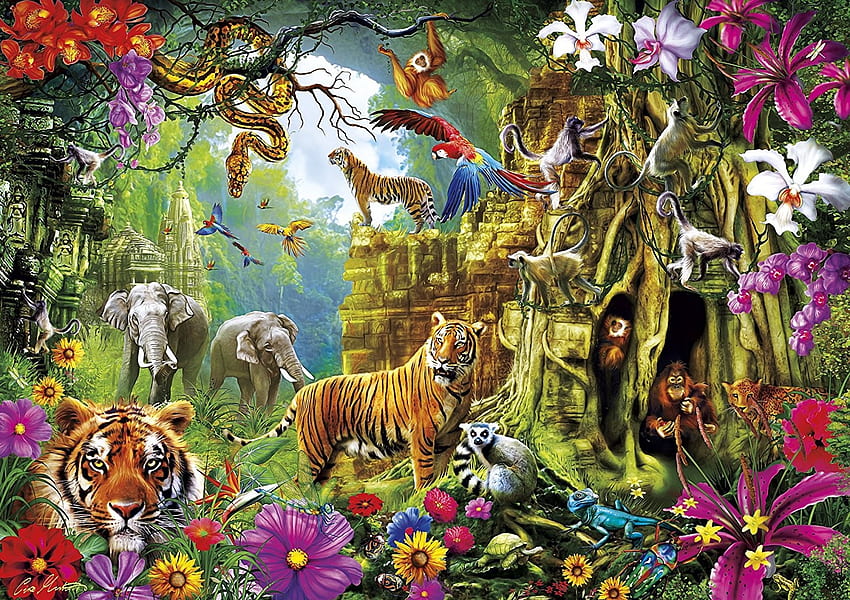 Jungle Discovery, elephants, parrots, painting, monkeys, trees, flowers, tigers HD wallpaper
