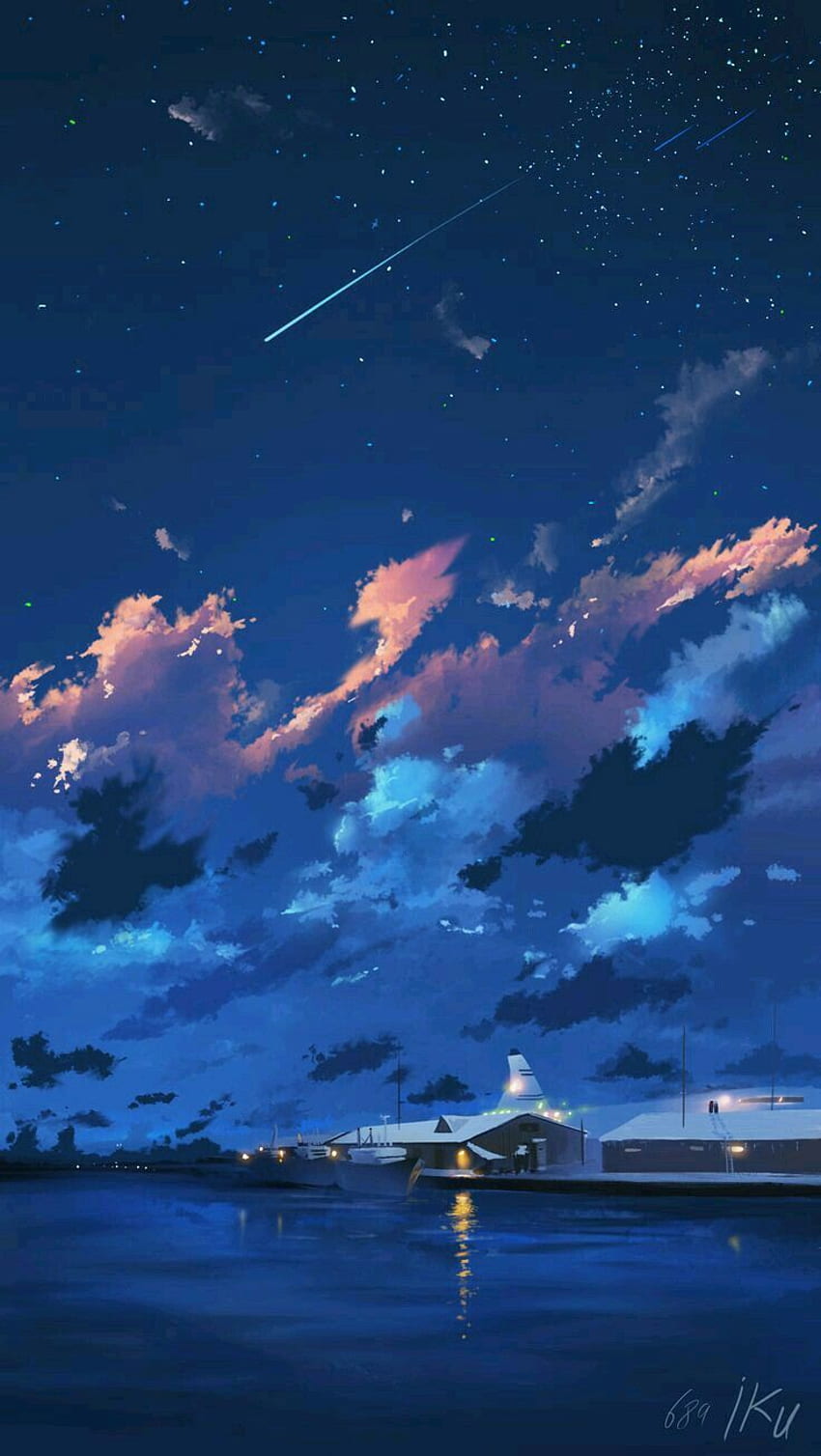 Night Sky Stars Clouds Scenery Landscape Anime 4K Wallpaper iPhone