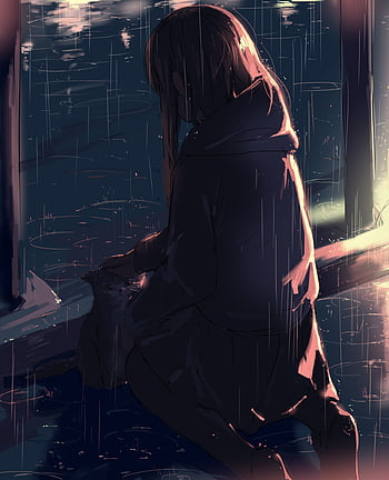 sad girl in rain anime