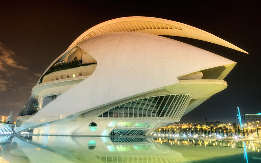 queen sofia palace of the arts in valencia, night, lights, arts, building, pool, modern HD wallpaper