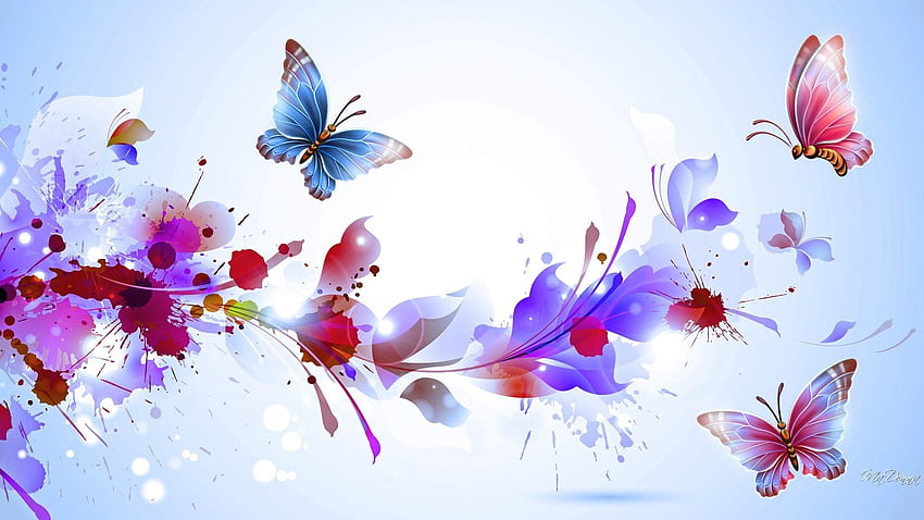 Fleurs: Violet Splash Papillons Floral Lavande Bleu Doux, Floral Abstrait Fond d'écran HD