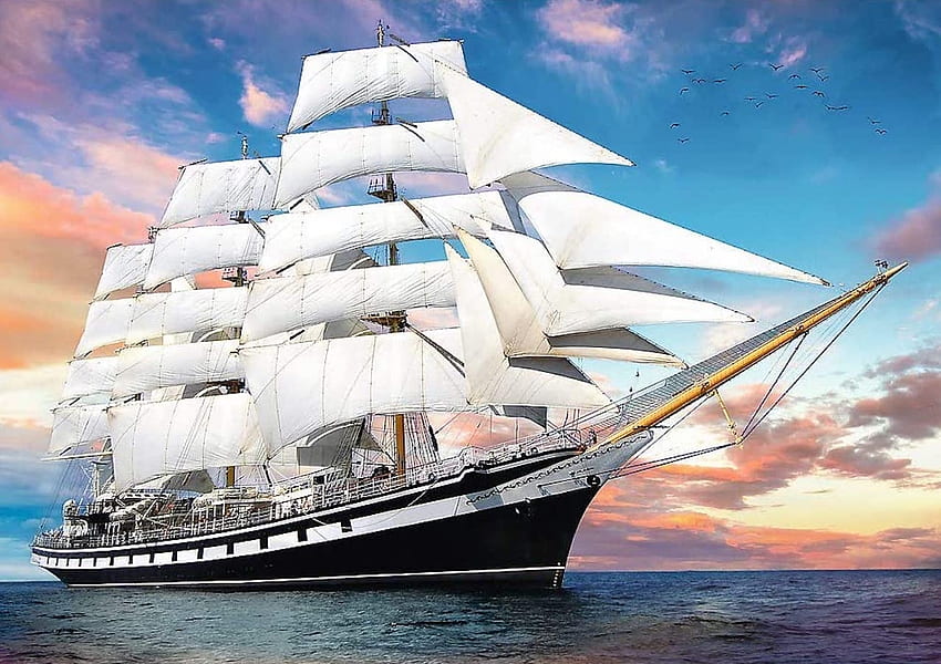 Full Sail, sky, ship boat, sea, sails, sailing, water HD wallpaper