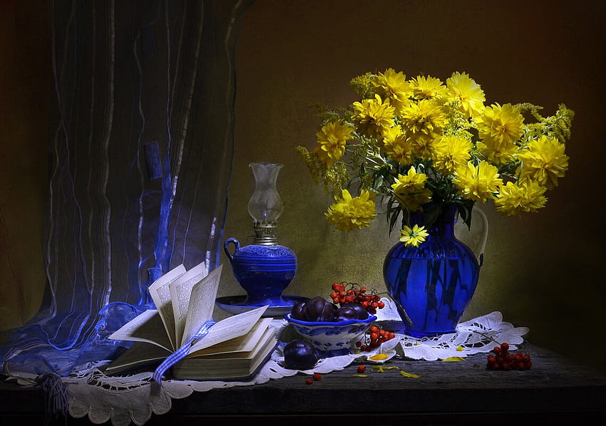 Natürmort, Çiçekler, Gaz lambası, Erik, Kitap HD duvar kağıdı