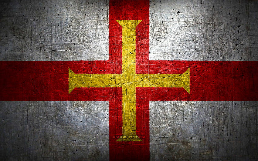 Metalowa flaga Guernsey, grunge art, kraje europejskie, symbole narodowe, Flaga Guernsey, metalowe flagi, Flaga Guernsey, Europa, Wyspy Normandzkie, Guernsey Tapeta HD