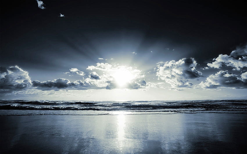 Natur, Sonne, Wolken, Strand, Sand, Ufer, Ufer, Balken, Strahlen, Schwarzweiß HD-Hintergrundbild