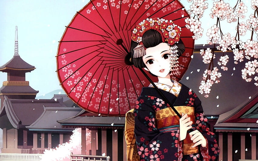 : Japan, illustration, anime girls, umbrella, original, Anime Geisha HD wallpaper