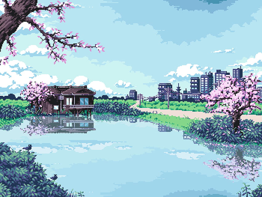 OC][CC] ついに私の 3 番目の日本をテーマにしたピクセル アートが完成しました。 日本の都会と田舎の両方を描いてみました。 ：PixelArt、Pixel Art Blue 高画質の壁紙