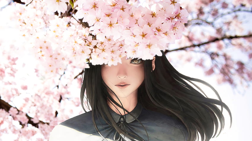 アニメの女の子, セミリアル, 長い茶色の髪, 桜の花 - 解像度:, 桜の花のアニメ 高画質の壁紙