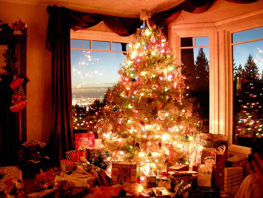 Heiligabend, Ornamente, Geschenke, Baum, Urlaub, Geschenke, Familie, Lichter, Weihnachten, Sonnenuntergang HD-Hintergrundbild