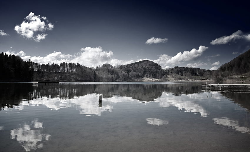 ธรรมชาติ ภูเขา ทะเลสาบ ขาวดำ ความสงบ วอลล์เปเปอร์ HD
