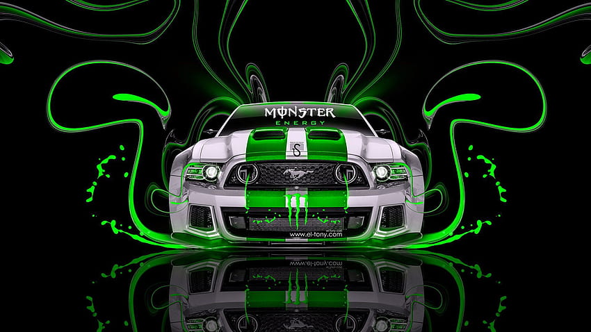 Monster Energy Ford Mustang GT Green Neon Plastic Car Design autorstwa Tony'ego Kokhana Wallpape. Logo Mustanga, Monster Energy, emblemat Forda Tapeta HD