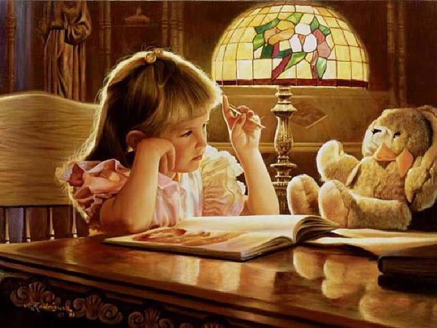 La Leçon, chaise, petite fille, table, lampe, leçon, livres, ours en peluche, peinture, crayon Fond d'écran HD