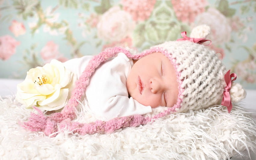Sleeping baby, pink, white, flower, baby, cute, hat, child, sleep HD wallpaper