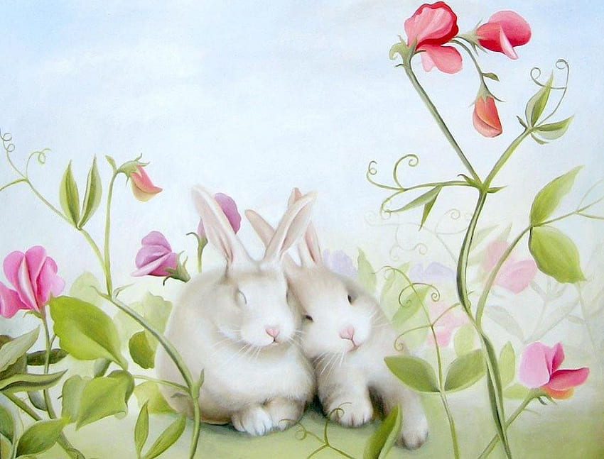 Sarıl Tavşanlar, tavşanlar, tavşan, sanat, kucaklaş, beyaz tavşan, doğa, çiçekler HD duvar kağıdı