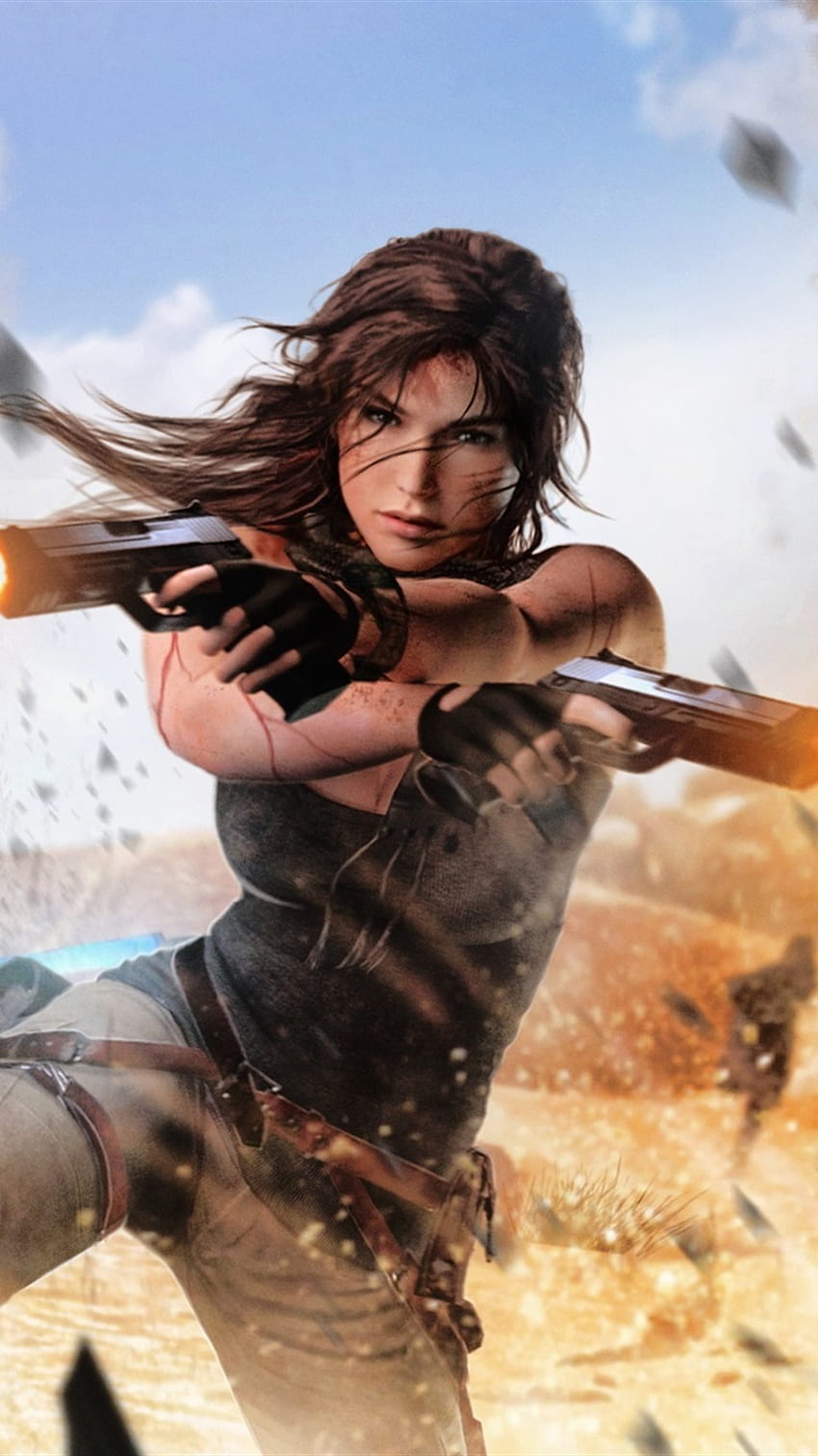 Tomb Raider, Lara Croft, ปืน, การระเบิด IPhone 8 7 6 6S, พื้นหลัง,, Tomb Raider 5S วอลล์เปเปอร์โทรศัพท์ HD