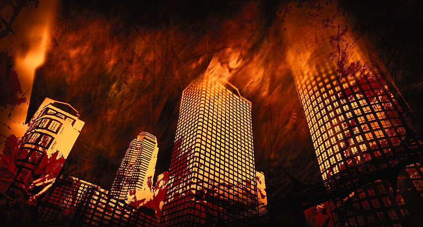 Stadt in Flammen. Steampunk City, New York City und Anime City HD-Hintergrundbild