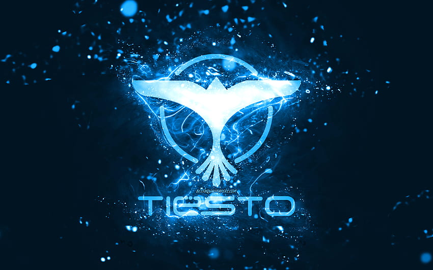 Tiesto logotipo azul, DJs holandeses, luzes de neon azuis, criativo, azul resumo de fundo, DJ Tiesto logotipo, Tijs Michiel Verwest, Tiesto logotipo, estrelas da música, DJ Tiesto papel de parede HD