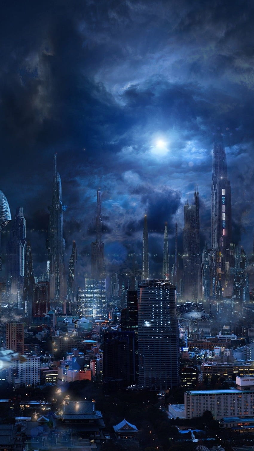 미래 도시, 공상 과학, 고층 빌딩, 밤, 어두운 HD 전화 배경 화면