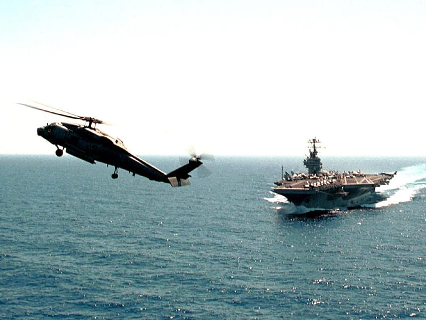 Боен кораб, море, нисия, небе, хеликоптер HD тапет