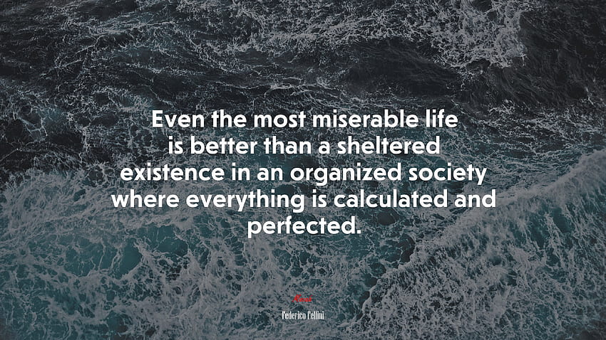 Even the most miserable life is better than a sheltered existence in an organized society where everything is calculated and perfected. Federico Fellini quote HD wallpaper