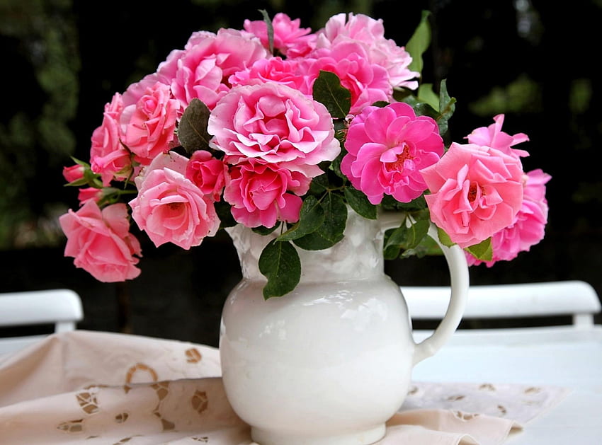 Flowers, Roses, Bouquet, Jug, Table HD wallpaper