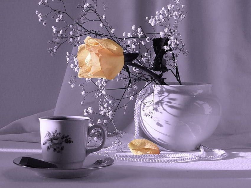 Bodegón, rosa, té, florero, naturaleza, flores, taza, naranja fondo de pantalla