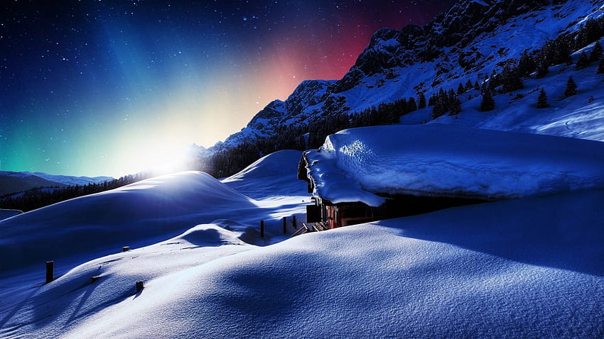 Matahari Terbit Musim Dingin, musim dingin, malam, pagi, bintang, lampu kutub, matahari terbit, salju, pohon, matahari, bukit, rumah, lanskap, dingin, gunung, kabin, SkyPhoenixX1, pondok, alam, langit, es Wallpaper HD