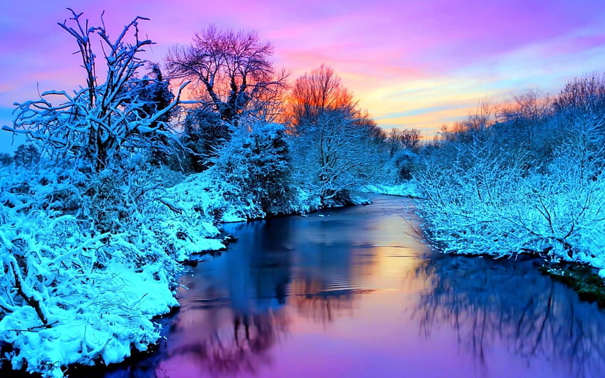 Danau Beku, musim dingin, beku, refleksi, salju, pohon, alam, danau, matahari terbenam Wallpaper HD