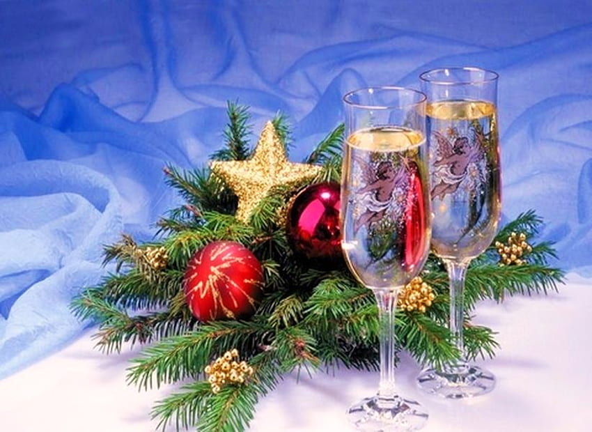 Tostatura della stagione, stella, bicchieri da vino, natale, blu, festivo, bevanda, palle dell'albero, ramo dell'albero Sfondo HD