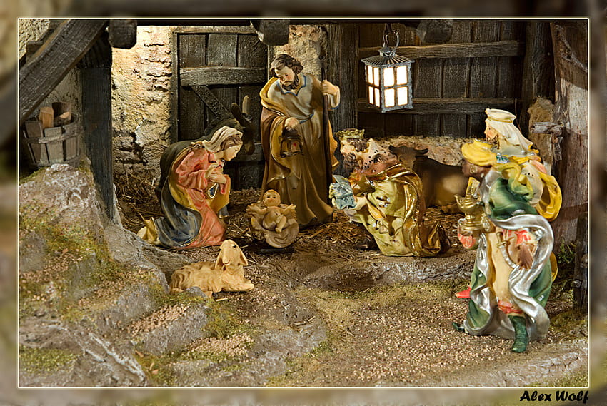 Joyeux Noël, mangeoire, écurie, mouton, famille de houx, belle, trois rois, statue Fond d'écran HD