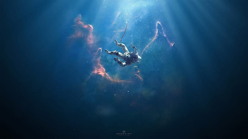 2021年の超現実的な溺死宇宙飛行士。宇宙飛行士、背景、背景、超現実的な水中 高画質の壁紙