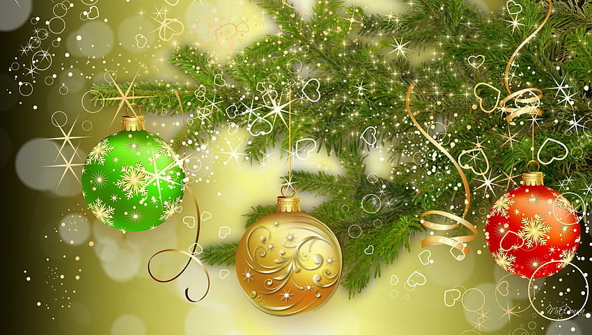 Christmas So Green, glow, feliz navidad, spruce, balls, stars, fir, gold, tree, bright, sparkle, shine, christmas, red, hearts, tinsel fondo de pantalla