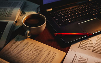 Cup, coffee, books, pen, laptop ultra 16:10 background HD wallpaper | Pxfuel