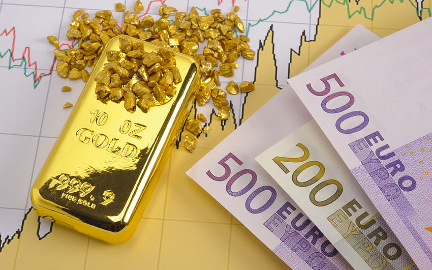 Geld und Gold, Finanzkonzepte, Goldbarren, Euro, Geschäftskonzepte, 500-Euro-Banknote, Gold für mit Auflösung. Gute Qualität HD-Hintergrundbild
