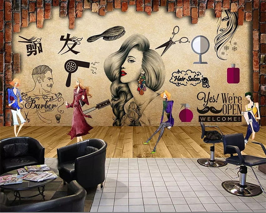 US $8,85 DISKON 41%. Beibehang Disesuaikan 3D Salon Rambut Salon Kecantikan Salon Dinding Latar Belakang Toko Tukang Cukur Retro Nostalgia Makeup 3D Di Kecantikan Wallpaper HD