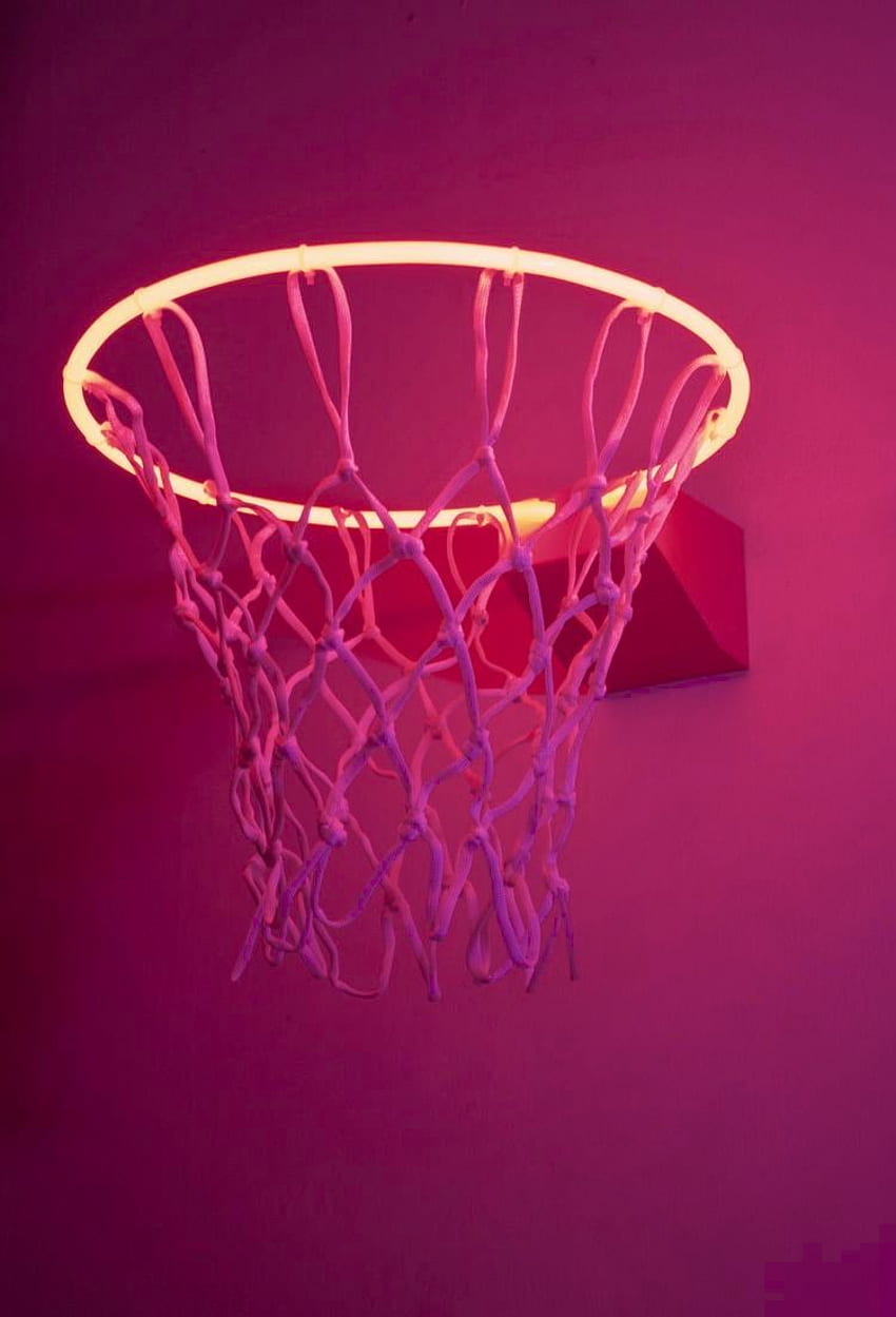 Estética de la portería de baloncesto con luz LED de color rosa intenso. Arte de pared de neón, collage de pared de dormitorio, arte de neón, deportes rosas fondo de pantalla del teléfono
