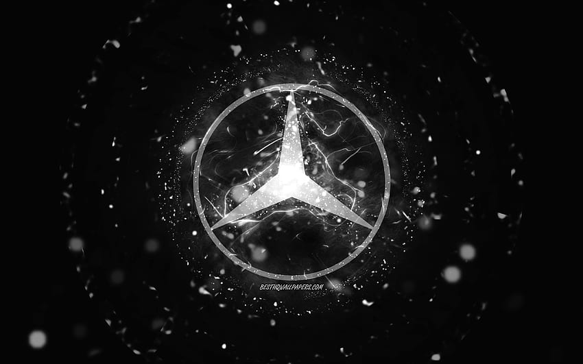 Бяло лого на Mercedes-Benz, , бели неонови светлини, творчески, черен абстрактен фон, лого на Mercedes-Benz, марки автомобили, Mercedes-Benz HD тапет