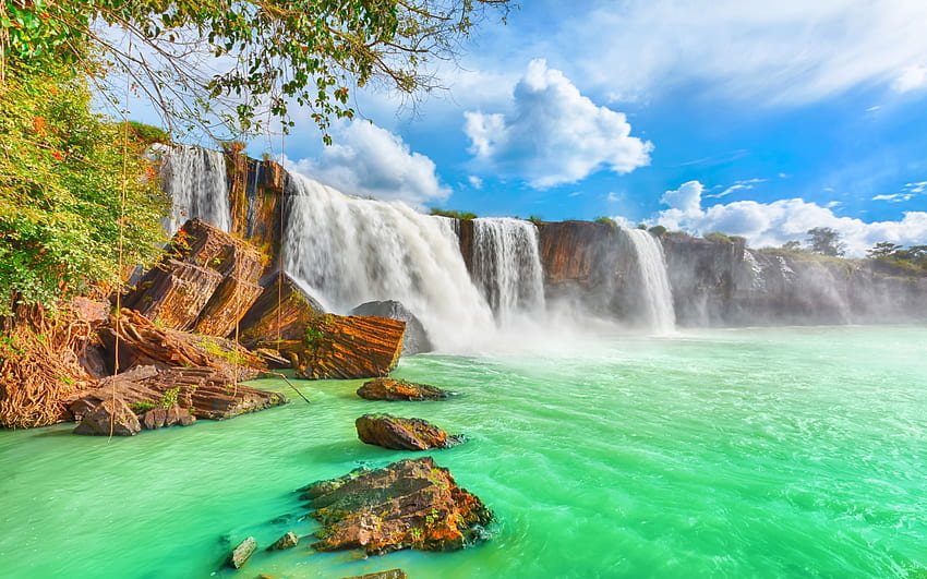 Thailand, creepers, turquoise water, waterfall, jungle, beautiful nature, Asia HD wallpaper