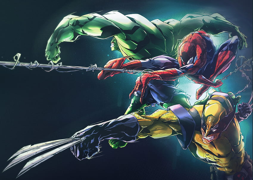 spiderman, hulk, wolverine, superheroes, artist, artwork, digital art HD wallpaper