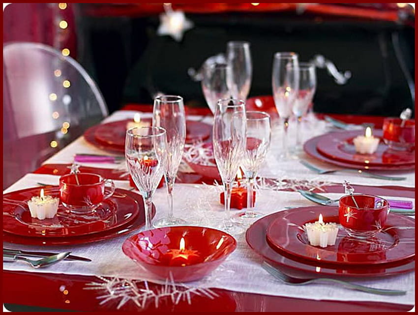 โต๊ะคริสต์มาส โต๊ะ คริสต์มาส แว่นตา เทียน สีแดงและสีขาว งานเฉลิมฉลอง วอลล์เปเปอร์ HD