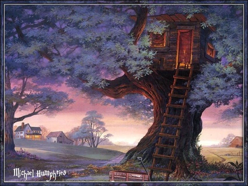 Domek na drzewie, wagon, stodoła, okno, dom, drabina, liście, drzwi, pole, drzewa Tapeta HD