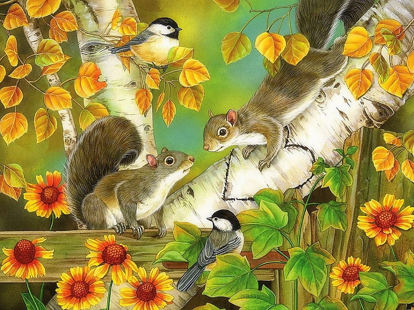 Herbstromantik, Vögel, Eichhörnchen, Gemälde, Liebe vier Jahreszeiten, Tiere, Herbst, Zeichnen und Malen, Blumen, Herbstsaison HD-Hintergrundbild