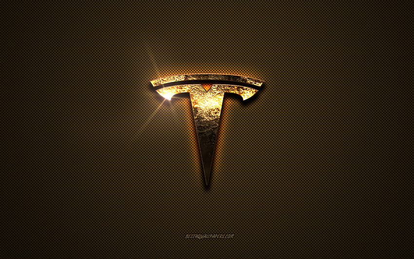 Złote logo Tesli, grafika, brązowe metalowe tło, emblemat Tesli, logo Tesli, marki, Tesla Tapeta HD