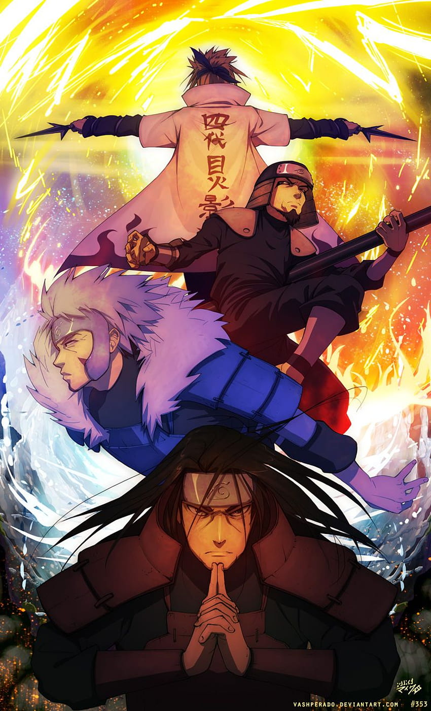 namikaze minato, senju hashirama, senju tobirama e sarutobi hiruzen (naruto e mais 1) desenhados, Primeiro Hokage Papel de parede de celular HD