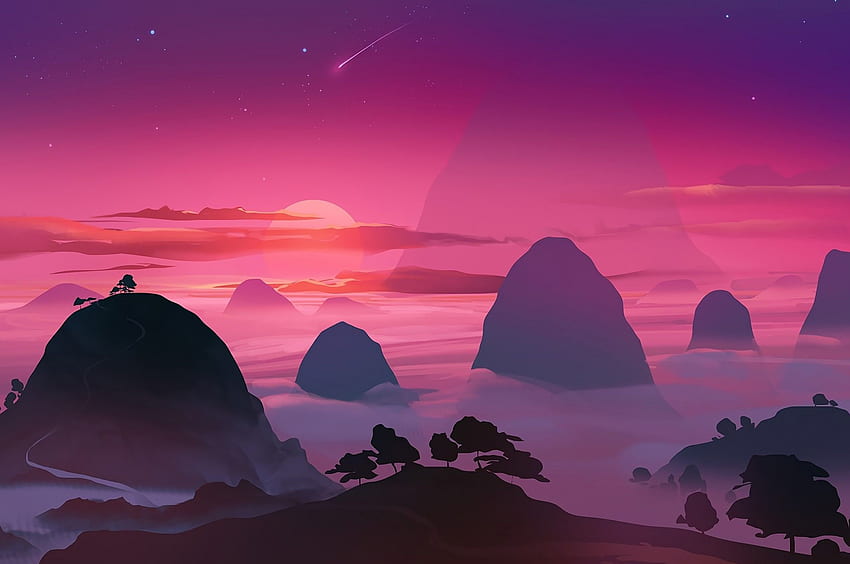 Kraj fantasy, różowe niebo, wzgórza, zachód słońca, sceniczny dla Chromebooka Pixel Tapeta HD