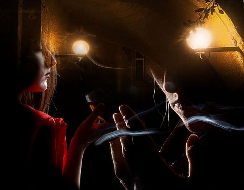 Tempat Rahasia untuk Bertemu, gang, wanita, pria, lampu, merah, asap, kaca, romantis Wallpaper HD